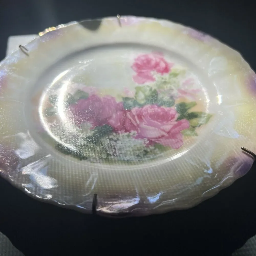 Antique German Porcelain Decorative Plate Pink Cabbage Roses Lusterware 6.75